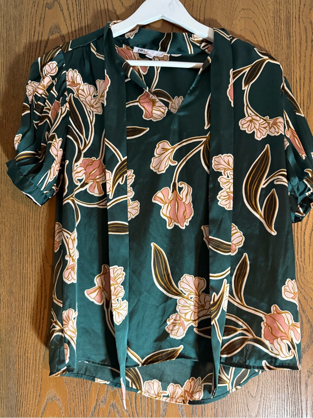 DR2 Dark Green Floral Tie-Neck Blouse with Pink Accents
